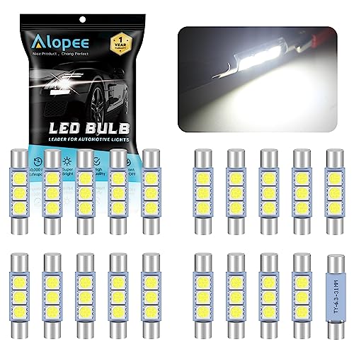 Alopee 20-Pack 6614 6614F LED Bulb 30mm(1.18″) 31mm(1.22″) 50 Lums White 3SMD 5050 Chips, 6612F LED Bulbs for Cars Interior Sun Visor Vanity Mirror Lights, License Plate Light