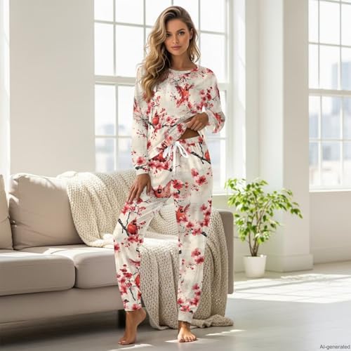Image of Women's 2 Piece Printed Pajama Set Long Sleeve Sleepwear Set with Long Pants Casual Lounge Sets with Pocket