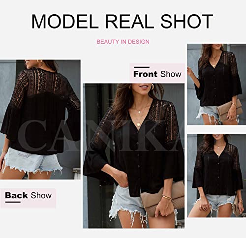Canikat Women's Fashion Fall Bell Long Sleeve Button Down Tops V Neck Lace Hem Basic Tee Shirts Chiffon Flowy Blouses Black L #TOP3