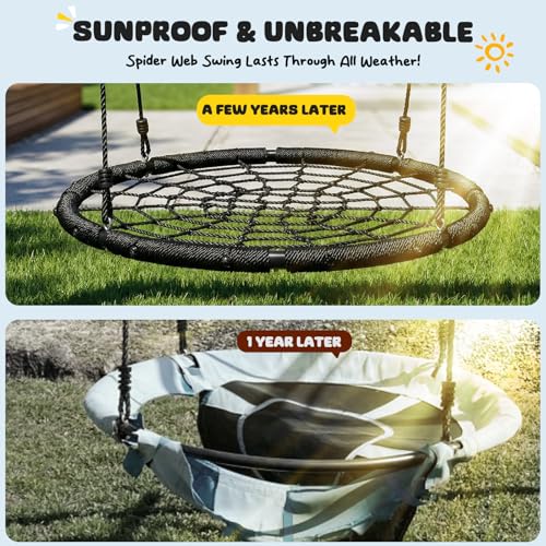 Image of Trekassy 40 inch Spider Web Saucer Tree Swing for Kids & Adults - Black | 750lbs Heavy Duty Steel Frame, 2 Hanging Straps, Durable Outdoor Net Swings for Outside, Easy Assembly for Backyard Fun