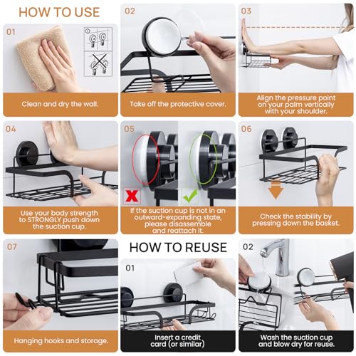 Image of LEVERLOC Shower Caddy Suction Cup, 2 Pack Shower Shelves for Inside, Black Rustproof Metal Bathroom Storage NO-Drilling Bathroom Organizer with Large Capacity, Heavy Duty Storage Basket