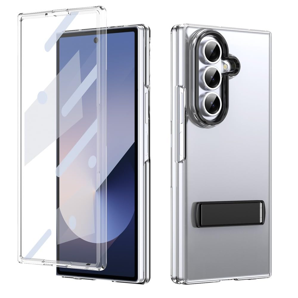 Generic Custodia compatibile con Samsung Galaxy Z Fold 6 (colore: nero) antiurto in metallo trasparente con supporto rigido flip case stand cover schermo