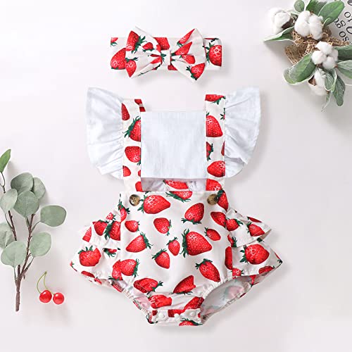 Newborn Baby Girl Outfits Summer Infant Romper Ruffle Sleeve Suspender Jumpsuit Onesies Summer Clothes + Headband Strawberry 3-6 Months #TOP1