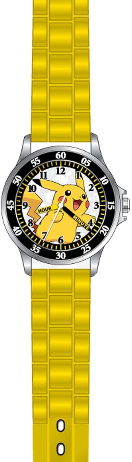 Accutime Analoge Kinderuhr im Pokemon Design, Zeitlernuhr mit beschrifteten Zeigern, verstellbares leichtes Acryl-Armband, Gelb