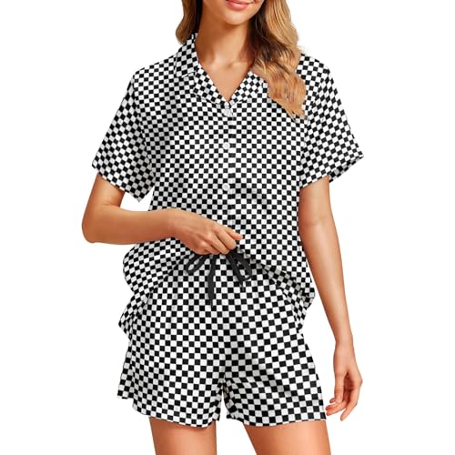 Image of Funny Pajamas for Women Set Print Satin Loungewear Pjs Short Sleeve Button Down Top and Shorts Sets Sleepwear XS-3XL