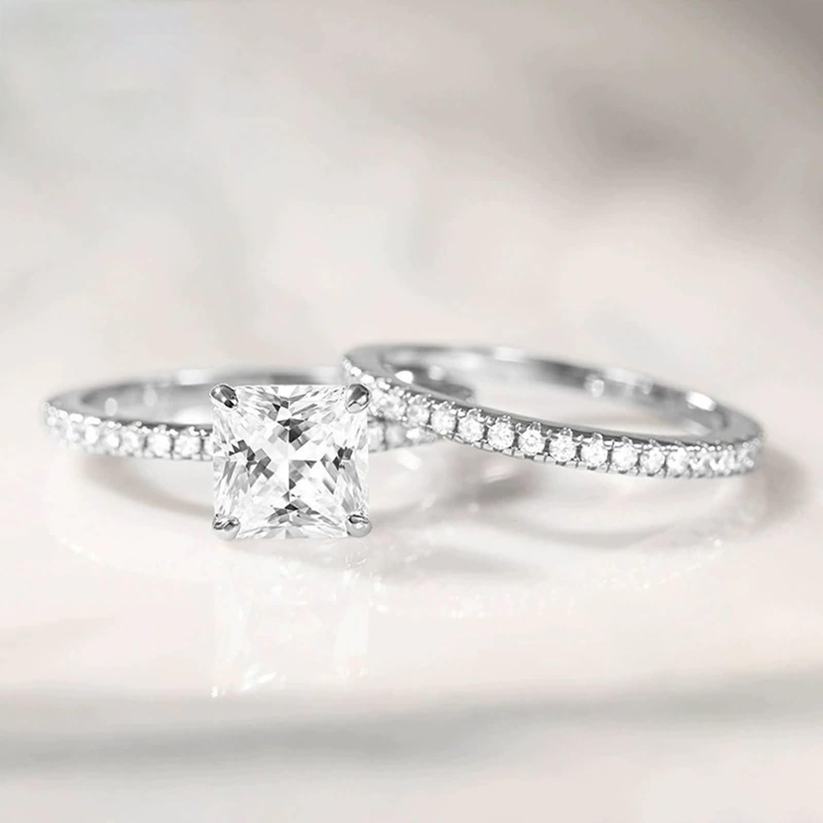 Anillo de Plata de Ley 925 y Grabados Personalizados para Mujer, Set de Anillos Cuadrado 7x7MM con Circonita Anillos de Compromiso Oro para Mujer