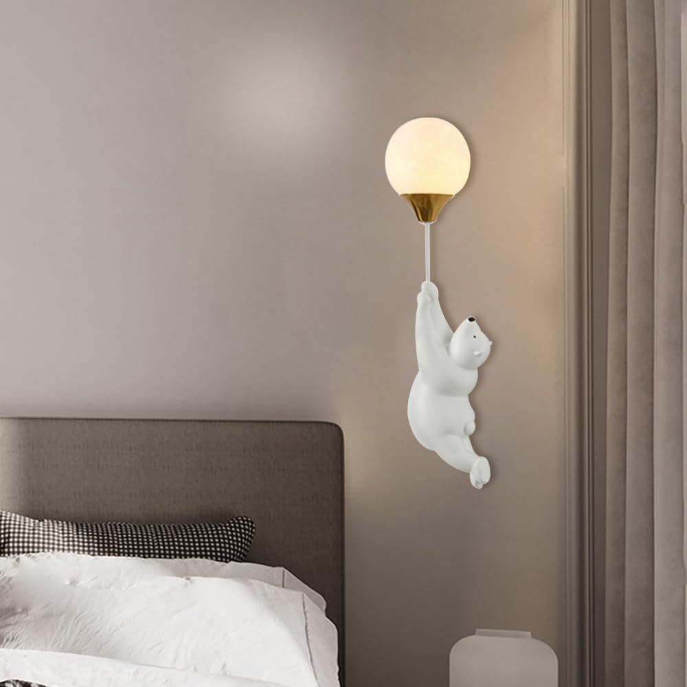 Lampa ścienna do sypialni mały niedźwiedź żywica z nadrukiem 3D księżyc klosz G9 oprawka dekoracyjna ściana oświetlenie z okablowaniem (biały)