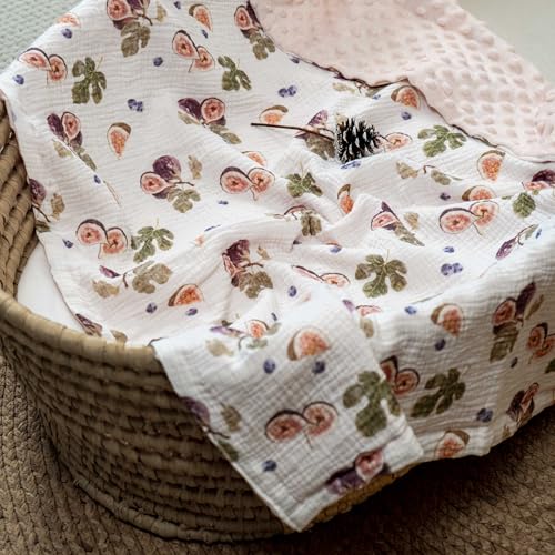 Image of GLLQUEN BABY Blankets for Girls, Soft Muslin Cotton Front Dotted Fleece Backing, Nursery Minky Crib Blanket for Infant Toddler, 30 x 40 inches Throw Blanket, Pink & Fruits