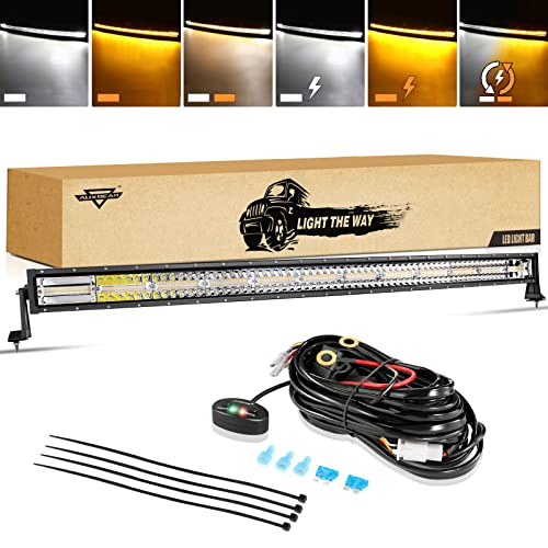 Auxbeam 50 Inch LED Light Bar, 288W Curved Amber White Strobe Lights, 6 Modes Spot Flood Combo Beam Fog Memory Reset Function Driving Light with Wiring Harness Kit for Car Jeep Off Road SUV