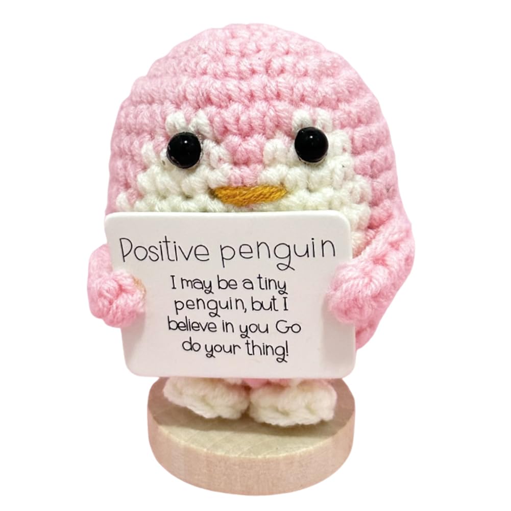 BXZGLHF Mini Knitted Pocket Hug Penguin With Positive Card, Funny Emotional Support Crochet Doll Cute Wool Pocket Hug Penguin Good Luck Gifts For Family Friends (Pink)
