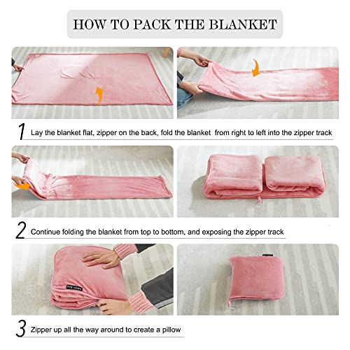 Ryb Home Travel Blanket For Airplane Flight, Plush Throw Blanket & Compact Pillow 2 In 1 Set, Warm Fleece Throw Blanket With Luggage Belt And Backpack Clip, W43 X L60 Inch, Pink #TOP1