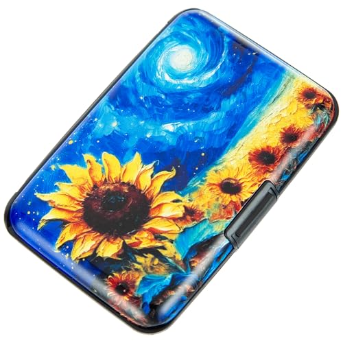 Image of Credit Card Holder Small RFID Blocking Wallet Business Metal Slim Mini Aluminum Hard Case for Women Men, Starry Night Sunflowers, small