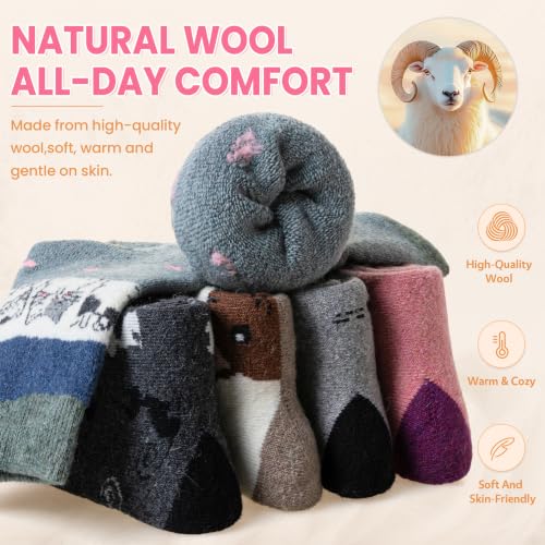 Image of Velice Wool Socks for Women Merino Wool Boot Hiking Thick Thermal Warm Winter Crew Cushion Cozy Work Socks 5 Pairs
