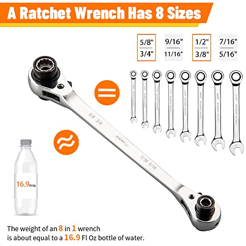 Akm 8 In 1 Ratcheting Wrench, Double Box End Ratchet Wrench, 12 Point Ratchet | Sae | Cr-V | Including 5/16" 3/8" 7/16" 1/2" 9/16" 5/8" 11/16" 3/4" #TOP1