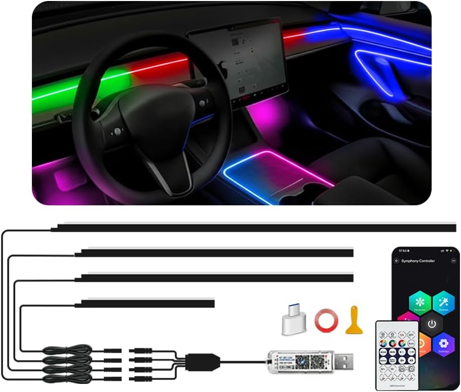 Acrylic Ambient Lighting Car Interior Kit, 4 in 1 Dream Color Acrylic Led Strips Fiber Optic Lights with APP, 116 inches USB Flexible Neon Music Sync 16 Million Colors Dashboard Center Console Lights
