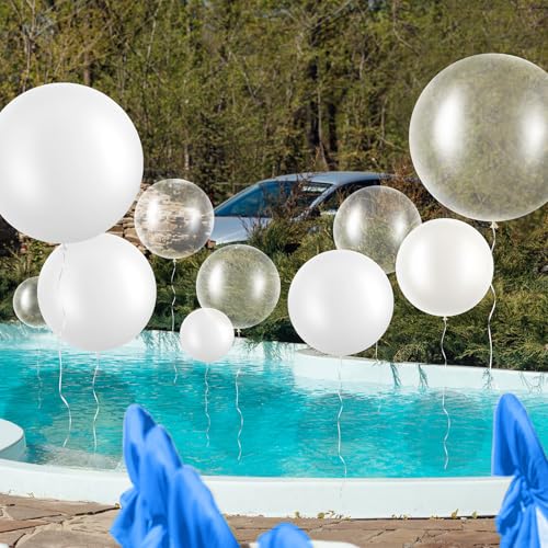 Image of Gejoy 24 Pcs Pool Giant Balloons 36 /24 /18 Inch Jumbo Large Big Latex Balloons Bulk with Ribbon for Pool Decorations Garland Arch Wedding Birthday Supply, Needs to Be Filled with Helium(White)