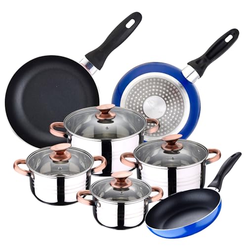 Batería de Cocina 4 cacerolas (1,9L + 2,7L + 3,5L + 5,1L) con 4 Tapas de Vidrio y 3 sartenes Ø16Ø20Ø24 en Acero Inoxidable apta para inducción