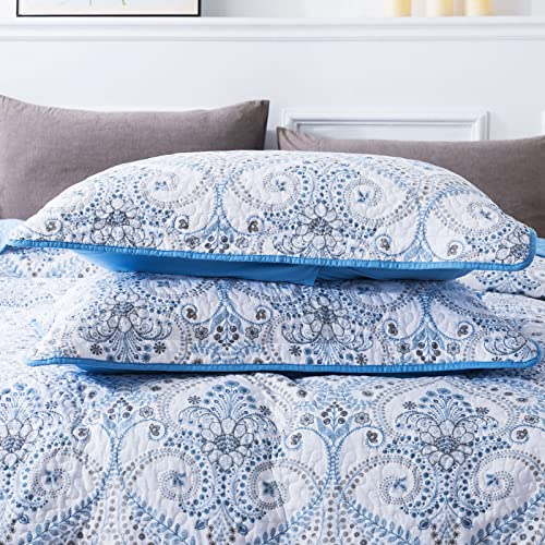 NEWLAKE Cotton Bedspread Quilt Sets - Reversible Patchwork Coverlet Set, Blue Classic Royal Pattern, California King Size