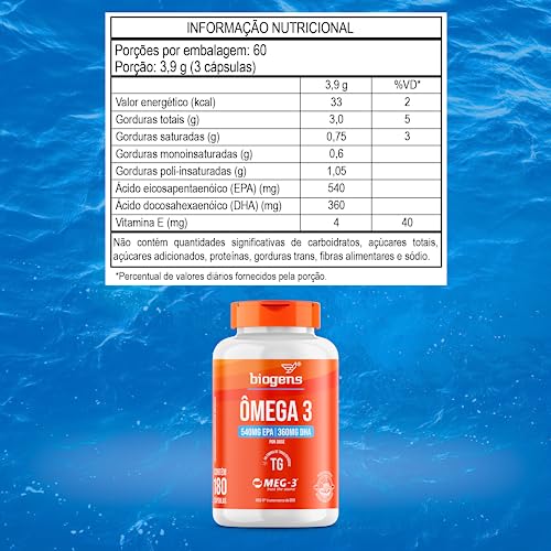 Ômega 3 TG, triglicerídeos, 540MG EPA | 360MG DHA, Selo MEG-3®, Biogens (180 cápsulas)