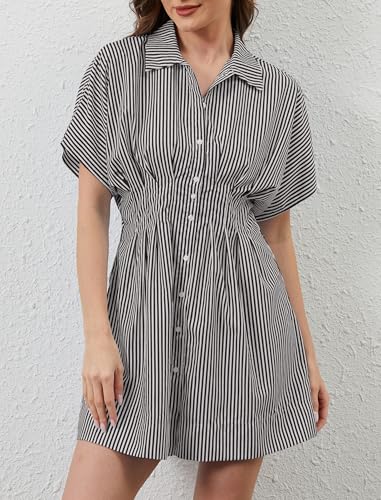 Image of Women Button Down Pleated Shirt Dress Summer Short Sleeve Blouse Striped Print Corset Mini Dresses
