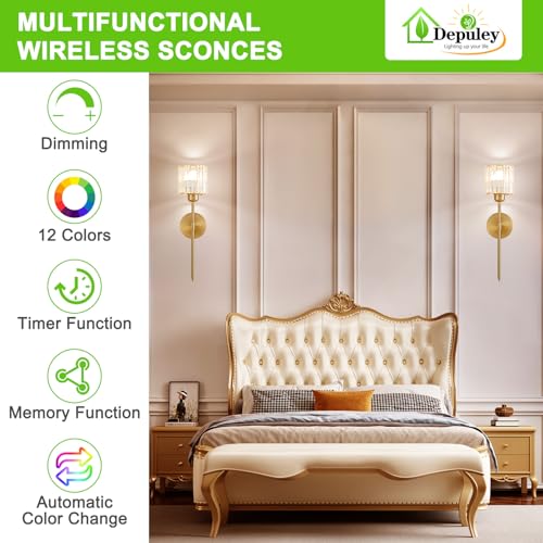 Image of Depuley Battery Operated Wall Sconce: Set of 2 Wireless Crystal Wall Lights with Remote for Bedroom - Rechargeable 15 Colors Gold Wall Lamp for Living Room Hallway Home Decor