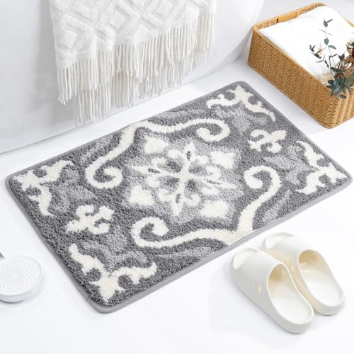 Tapis de bain floral microfibre gris antidérapant lavable en machine - 2