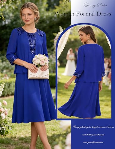 Image of GRACE KARIN Formal Wedding Guest Dress Sequin Mother of The Bride Dresses | Two Piece,3 /4 Sleeve,Tea Length,Crew Neck,Fit and Flare,Chiffon,Suitable for Spring /Summer /Fall /Winter /Cocktail /Party /Prom
