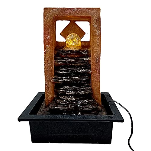 Image of Polyresin Golden Brown Designer Table Top Indoor Rock Finish Waterfall Fountain with Yellow LED Lights, Speed Controller Pump & Crystal Ball (Size: 40.5 x 29.5 x 22CM | Weight: 2240grm)