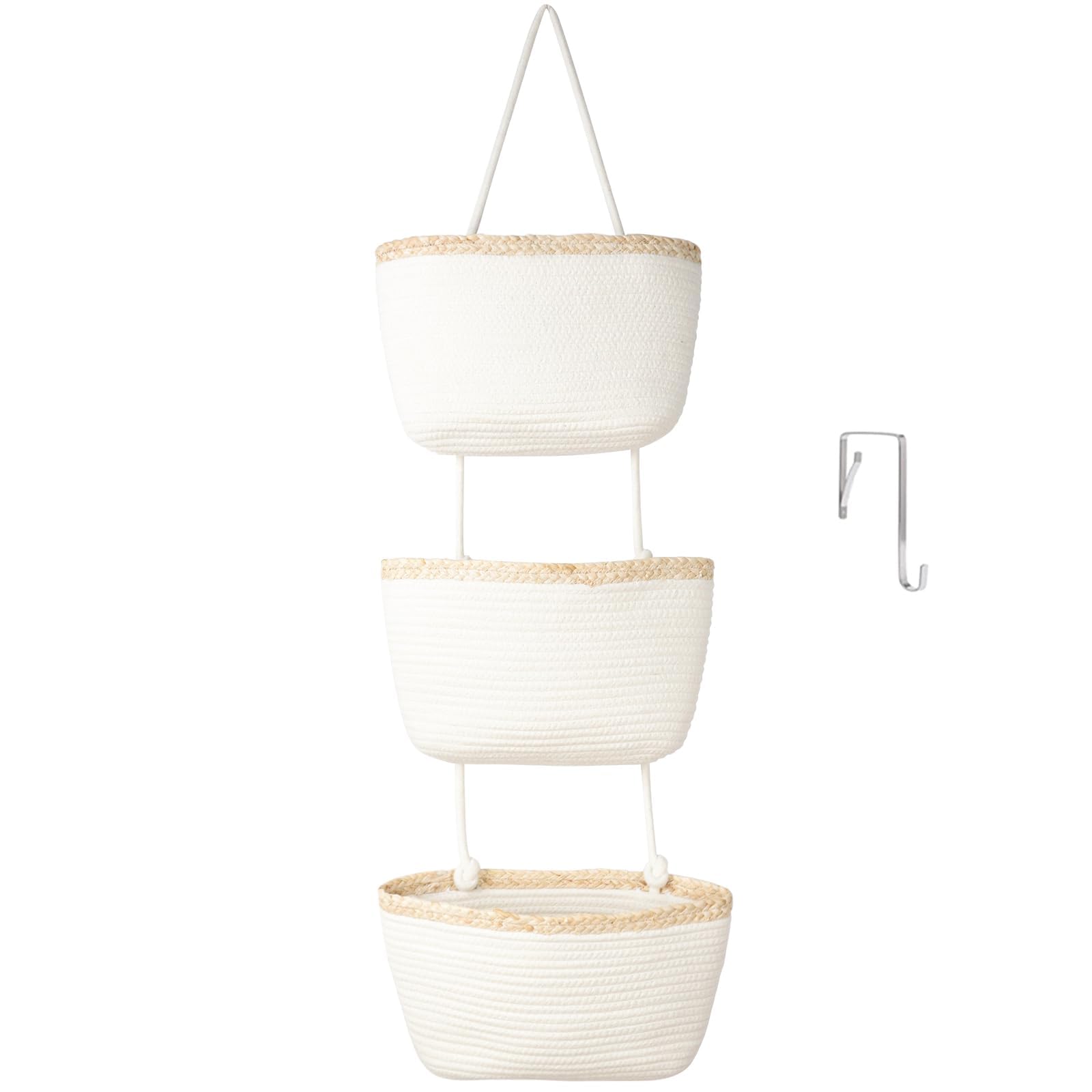 TeoKJ Hanging Basket for the Door, 3-Tier Wall Organiser, Hanging Organiser, Storage Baskets, Made of Cotton Rope, Woven with Hooks for Wall, Hanging Shelf Bathroom, Decorative Hanging Kitchen Baskets