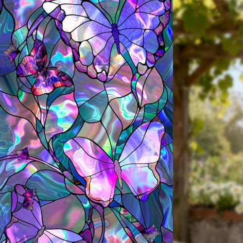 Image of Nuxovilar 17.7x39 Butterfly Stained Glass Window Film, Iridescent | Iridescent butterfly stained glass window film for privacy. Static cling PVC decal for cabinets and dividers.