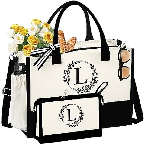 QLOVEA Teacher Appreciation Gifts for Women Canvas Beach Tote Bag with Strap, Personalized Initial Tote Bag with Zipper, Inner Side Pocket, Embroidery Wedding Bags for Birthday Bridesmaid Letter L Cover