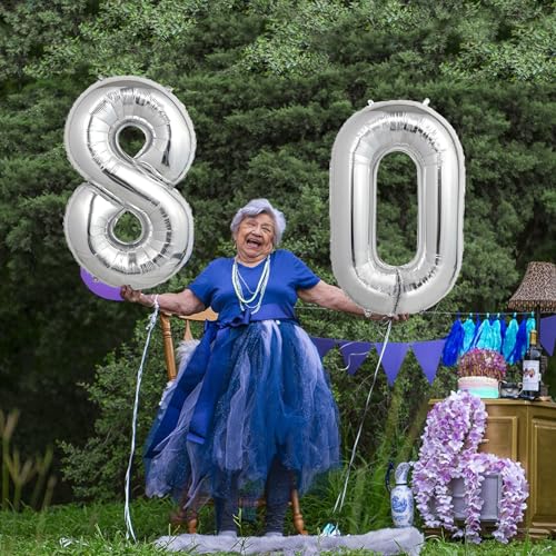 Image of Number Balloons Silver Party Balloon - Giant Number 80 Balloon, 40 Inch Large Balloon for 80th Birthday Decorations, Silver Party Supplies for Anniversary