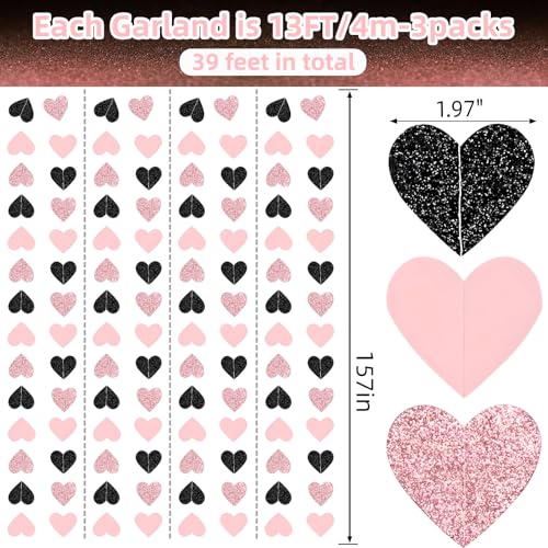 Image of Rose-Gold Pink and Black Birthday Decorations Streamers - 39FT Baby Girls Hanging Heart Garland Banner Christmas Wedding Engagement Bachelorette Bridal Shower Backdrop Graduation Decor