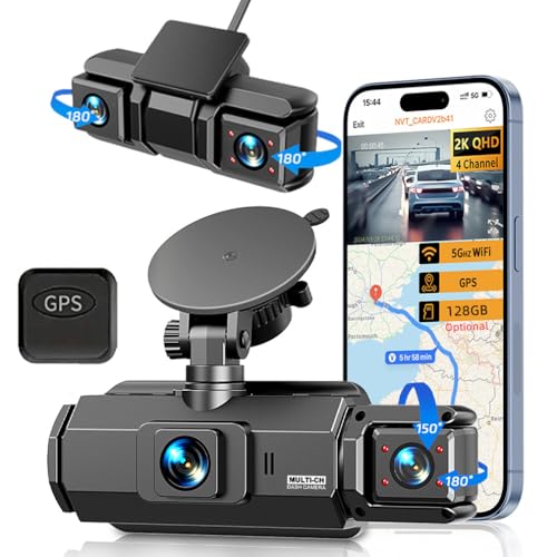 Dash Cam a 4 canali per auto, WiFi integrato APP GPS Protezione panoramica a 360 gradi, telecamera anteriore interna laterale e posteriore per auto, 4 telecamere HD 1080p x 4, registrazione simultanea