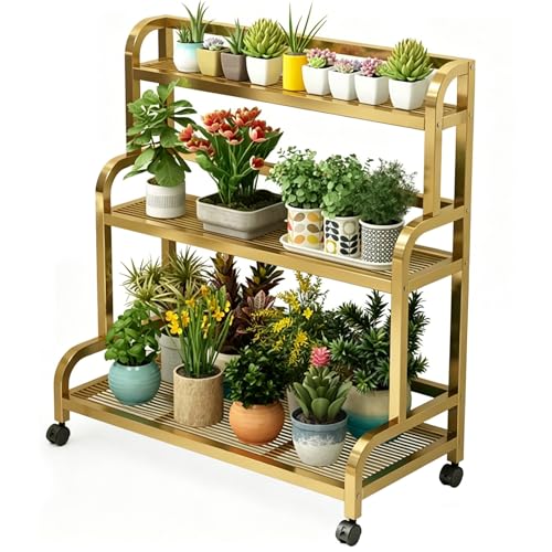 DMCHENGMA Estante para Plantas de 3 Niveles de Metal Dorado, Soporte para macetero Vertical rodante con Frenos, Soporte de Flores de Esquina Duradero para Plantas de Interior/Exterior(100x40x107cm)