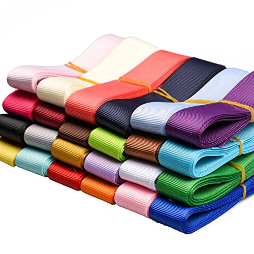 Berolle 50 Yards Colors Grosgrain Ribbon Mixed Color 25mm Wide Solid Gift Wrapping Ribbon for Sewing Art DIY Hair Bow, 25 Colors