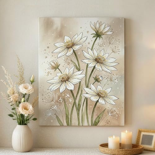 Toile murale abstraite fleur blanche et beige déco salon chambre 40x50cm