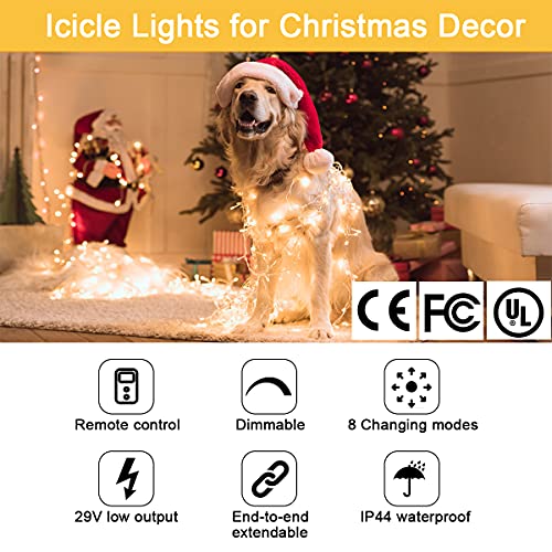 B-Right Icicle Lights Outdoor, 32.8Ft 480 Led Icicle Christmas Lights 60 Drops 8 Modes Waterproof Dimmable Curtain Lights With Remote Timer For Indoor Outdoor Eaves Garden Party Decor Warm White #TOP5