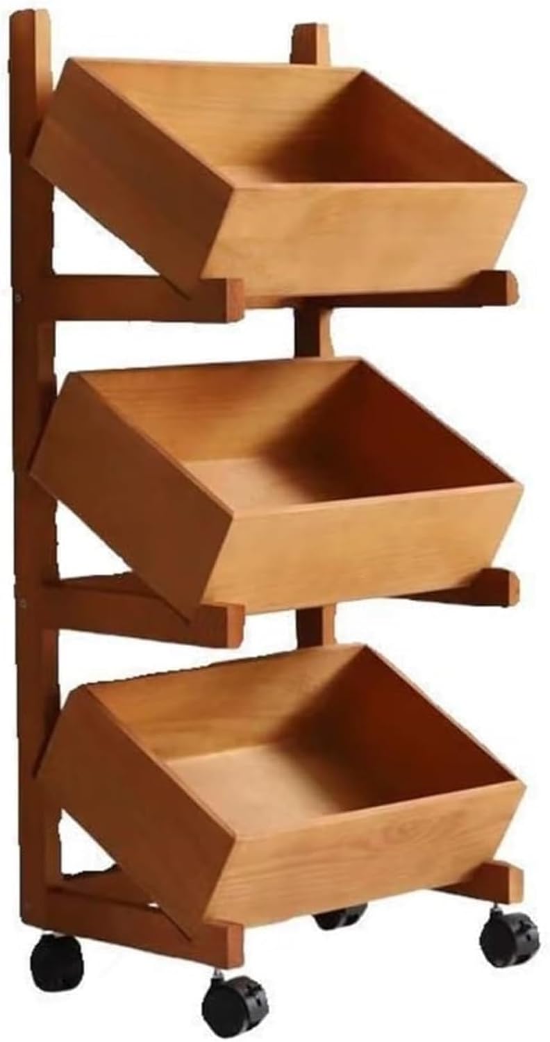 Movable Solid Wood Storage Rack with Wheels, Multi-Layer Large Capacity Organizer, Vegetable Bread Basket for Living Room, Bedroom, Snack or Utility Use