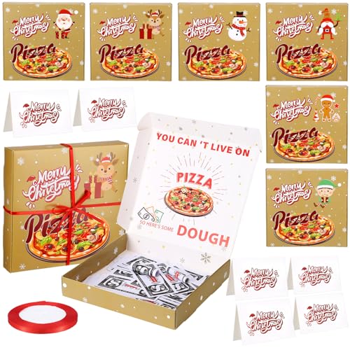 Fullhawl 6 Set Christmas Pizza Money Boxes Gift Christmas Money Holders for Cash 6 Style Funny Xmas Pizza Box Shaped Holders 6 Wish Cards and 72 Feet Ribbon for Birthday Xmas Party Surprise Cash Gift