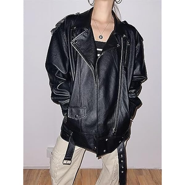 Adhdyuud Vrouwen Casual Moto Biker Pu Jas Herfst Streetwear Revers Rits Faux Lederen Jassen Riem Uitloper