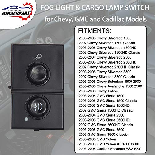 Fog Light Switch Cargo Lamp Switch | For 03-07 Chevy Silverado 1500 2500 3500, Avalanche Suburban 1500 2500, Tahoe, Gmc Sierra 1500 2500, Yukon Xl 1500 & More | Replaces# 15143597, 15076588, D7096C #TOP2