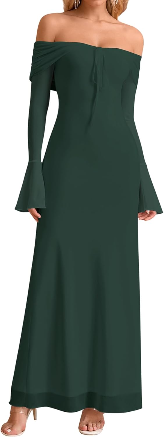 KUTUMAI Elegant Off Shoulder Long Sleeve Maxi Dress Bodycon Tie Formal Wedding Guest Dresses for Women 2025 Fall