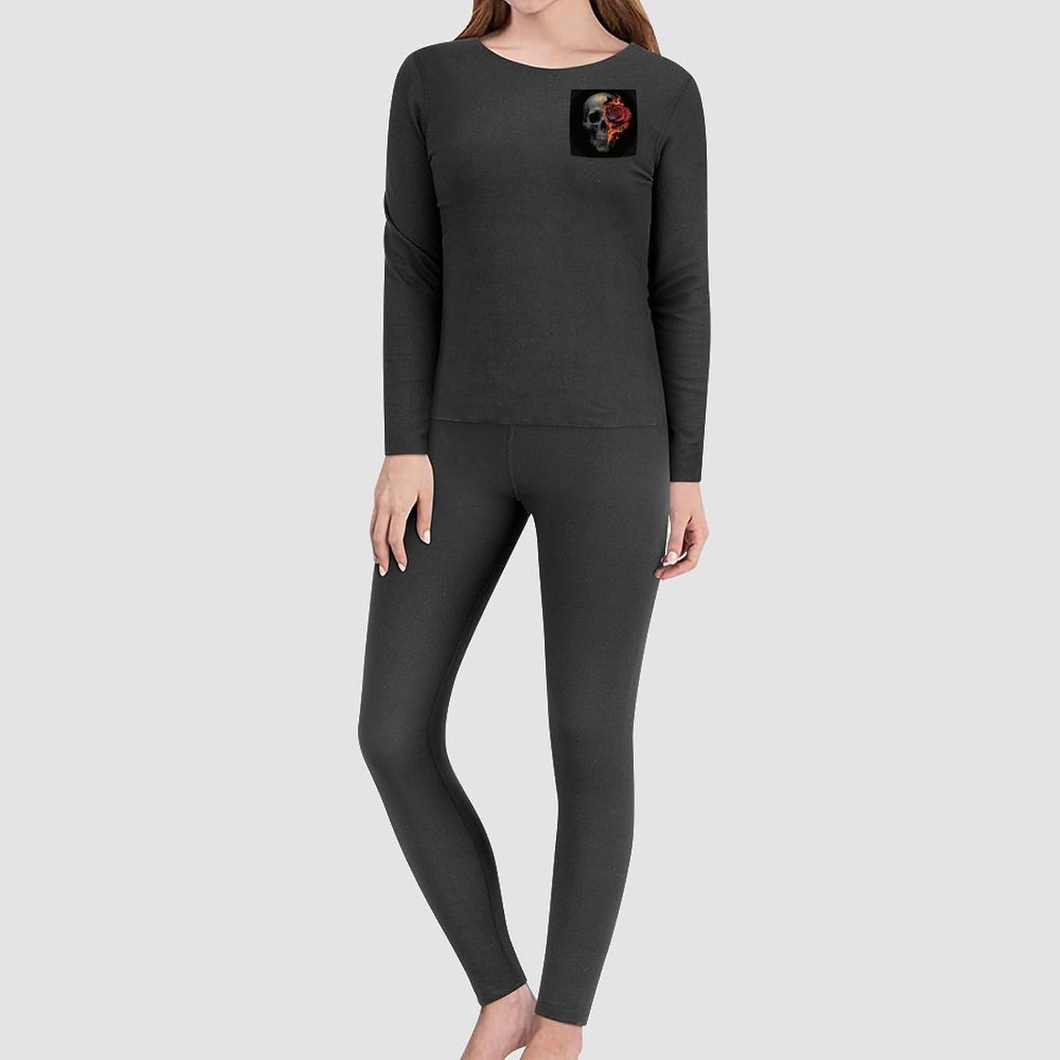 Women's Gothic Skull And Black Rose Thermal Underwear Set Soft Long Johns Base Layer Top & Bottom for Cold Weather