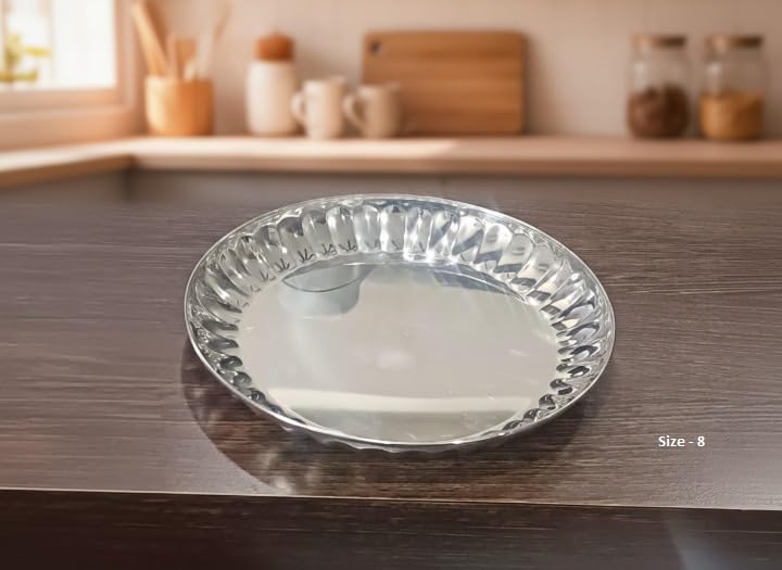 Premium Stainless Steel Dinner Plates Set, Round Thali with Fluted Edge Design, Sizes - 08, 10 and 11, Heavy Weight Quality, Pack of 3