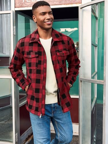 Mens Fleece Jacket Sherpa Lined Zip Up Buffalo Plaid Flannel Coat Casual Long Sleeve Warm Fall Winter Outwear3