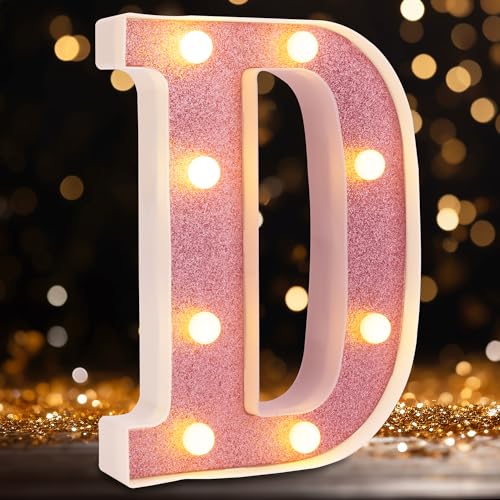 Image of Small Led Marquee Letters, Light Up Letters, 8.58 Inch Led Letter Lights, Battery Powered Lighted Sign for Table, Party, Birthday, Christmas Decor (Pink Glitter, Letter D)