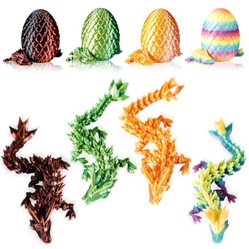 Image of 3D Printed Dragon Eggs, 4Pcs Full Articulated Crystal Dragon With Egg,Easter Egg 3D Printed Animals Set, Flexible Joints Fidget Toy for Kids, Fantasy Decor(Includes 0ne Glow in The Dark Version)