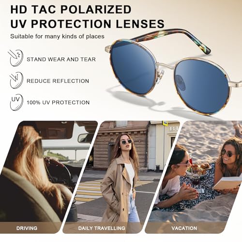 CARFIA Retro Round Polarized Sunglasses for Women UV Protection Acetate Arms Metal Frame Driving Glasses — view 5