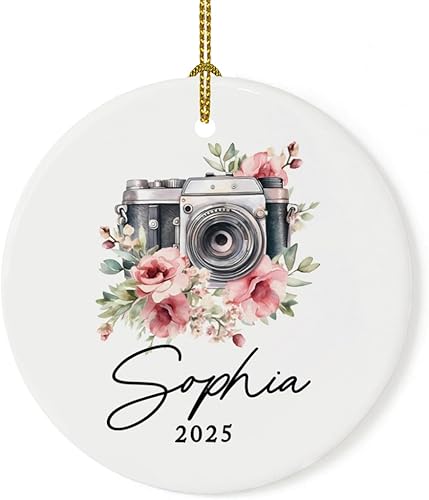 Miniatura 13 de Andaz Press Adorno de cámara de película personalizada de metal de 3.5 pulgadas, diseño de cámara vintage rosa, adornos de cámara para árbol de